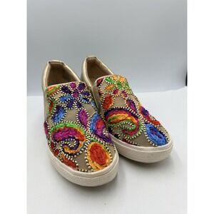 Wanted Picasso Flower Embroidered Mesh Slip-On Wedge Shoes Women's Size 11 Gold